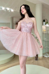 Pink Homecoming Dress Sweetheart Neck Tulle Sequin Short Party Cocktail Dress