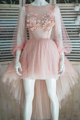 Pink Homecoming Dress Tulle Lace High Low Short Party Cocktail Dress
