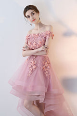 Pink Homecoming Dress Tulle Lace Off Shoulder High Low Party Cocktail Dress