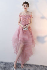 Pink Homecoming Dress Tulle Lace Off Shoulder High Low Party Cocktail Dress