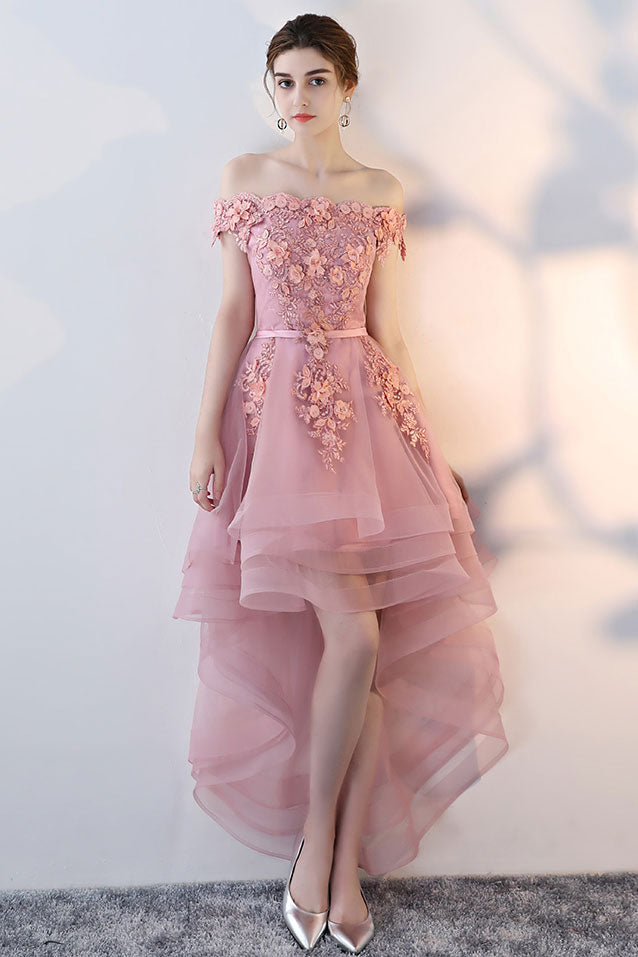 Pink Homecoming Dress Tulle Lace Off Shoulder High Low Party Cocktail Dress