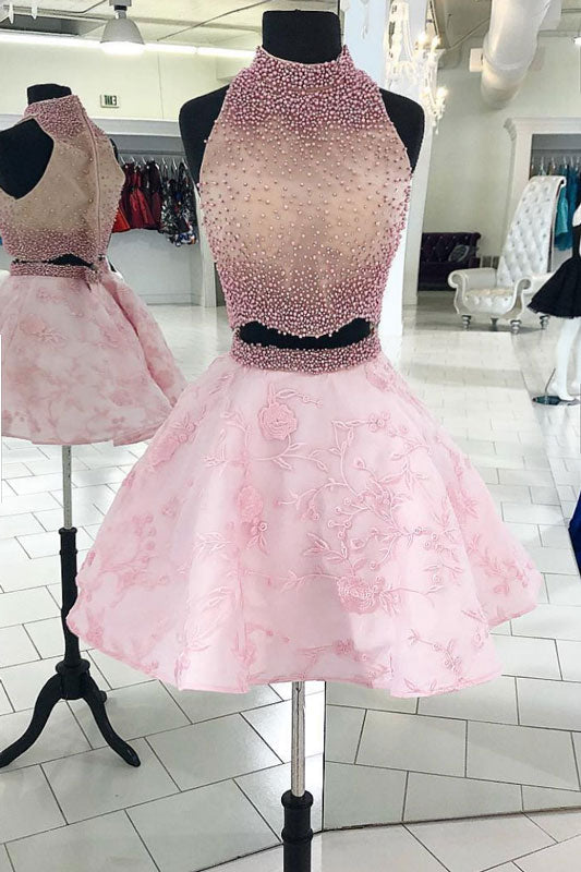 Pink Homecoming Dress Two Piece Beaded Lace Short Party Cocktail Dress