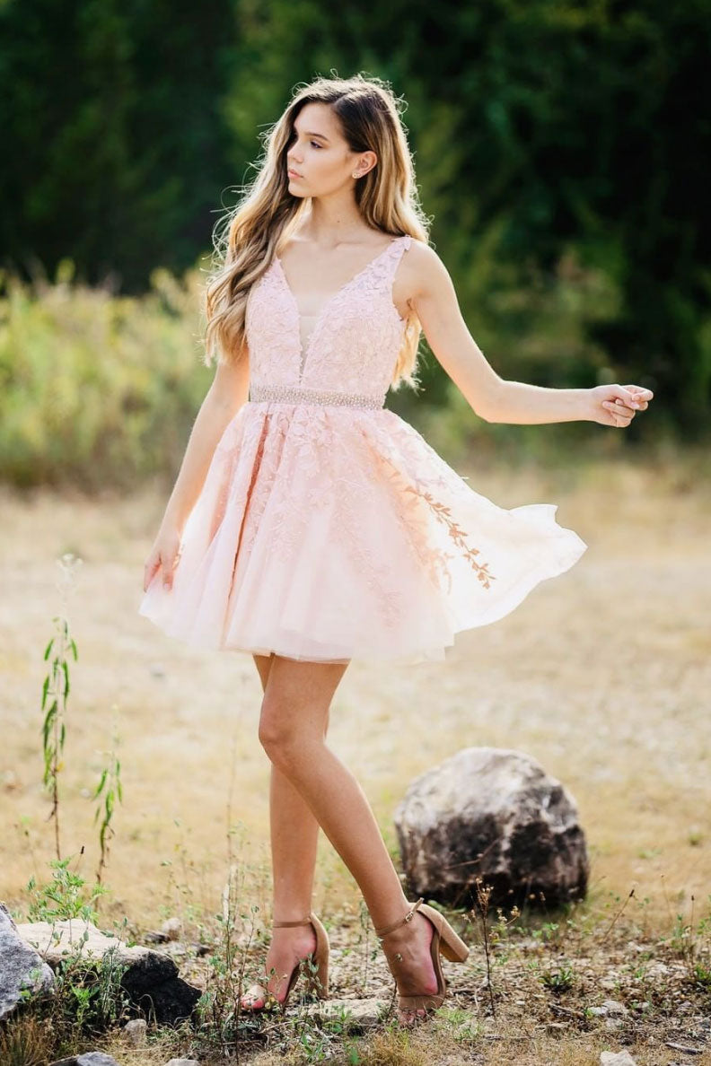 Pink Homecoming Dress V Neck Tulle Lace Short Party Cocktail Dress