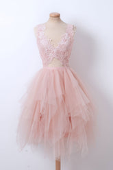 Pink Homecoming Dress V Neck Tulle Lace Short Party Cocktail Dress