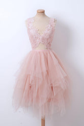 Pink Homecoming Dress V Neck Tulle Lace Short Party Cocktail Dress