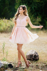 Pink Homecoming Dress V Neck Tulle Lace Short Party Cocktail Dress