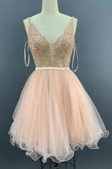 Pink Homecoming Dress V Neck Tulle Sequin Short Party Cocktail Dress