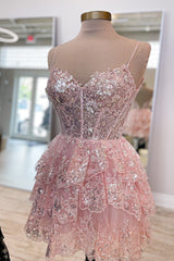 Pink Homecoming Dresses Corset Top Spaghetti Straps A-Line Lace Short Cocktail Dresses