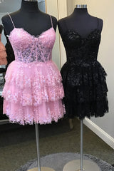 Pink Homecoming Dresses Corset Top Spaghetti Straps A-Line Lace Short Cocktail Dresses