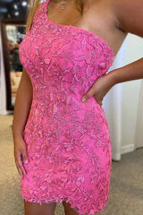 Pink Homecoming Dresses One Shoulder Lace Tight Short Cocktail Dresses with Beading