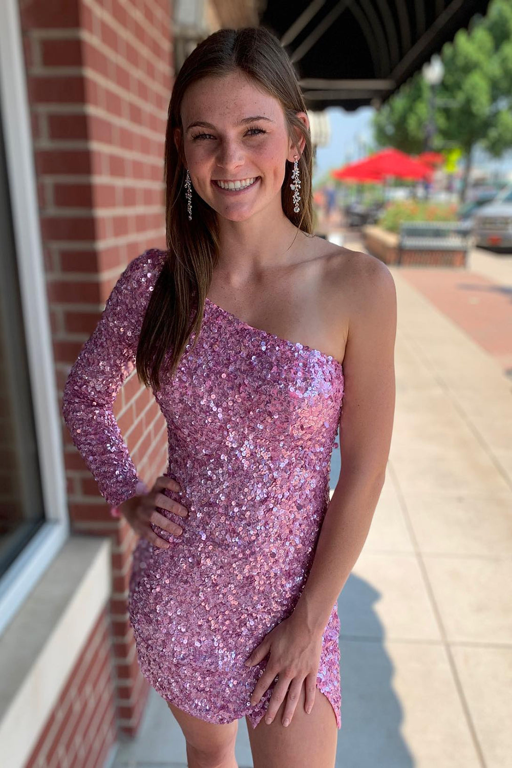 Pink Homecoming Dresses One Shoulder One Sleeve Sequin Tight Short Cocktail Dresses