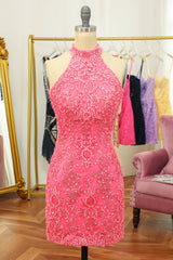 Pink Homecoming Dresses Open Back Halter Lace Tight Cocktail Dresses