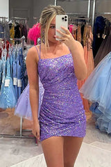 Pink Homecoming Dresses Sequin Spaghetti Straps Sleeveless Tight Short Cocktail Dresses