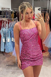 Pink Homecoming Dresses Sequin Spaghetti Straps Sleeveless Tight Short Cocktail Dresses