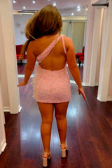 Pink Homecoming Dresses Sequined Backless Tight Cocktail Dresses with Feathers