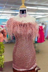 Pink Homecoming Dresses Tight Sequin Cocktail Dresses with Feathers