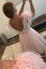 Pink Homecoming Dresses V-Neck A-Line Short Hoco Dresses with Feathers
