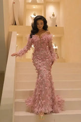Long Sleeve Formal Dress Mermaid 3D Flower Prom Evening Dress with Feathers