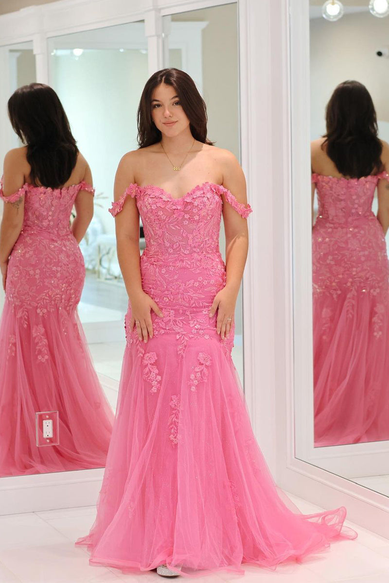 Pink Mermaid Off the Shoulder Tulle Long Elegant Evening Dress With Appliques