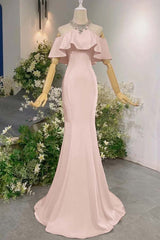 Pink Mermaid Prom Dress Cap Sleeve Halter Neck Formal Dress With Beadings and Rhinestones