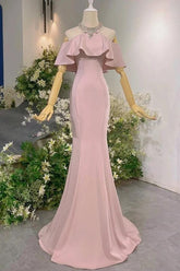 Pink Mermaid Prom Dress Cap Sleeve Halter Neck Formal Dress With Beadings and Rhinestones