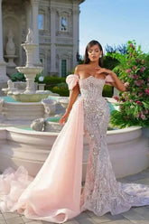 Pink Mermaid Prom Dress Cap Sleeve Off the Shoulder Formal Dress With Beadings and Rhinestones