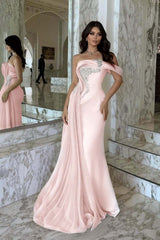 Pink Mermaid Prom Dress Cap Sleeve One Shoulder Formal Dress With Beadings and Rhinestones