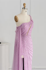 Pink Mermaid Prom Dress Cap Sleeve One Shoulder Formal Dress With Sequins