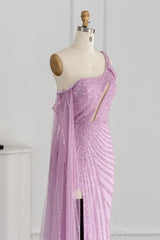 Pink Mermaid Prom Dress Cap Sleeve One Shoulder Formal Dress With Sequins
