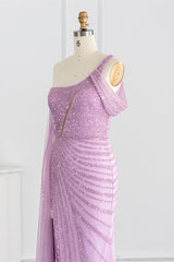 Pink Mermaid Prom Dress Cap Sleeve One Shoulder Formal Dress With Sequins