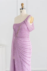 Pink Mermaid Prom Dress Cap Sleeve One Shoulder Formal Dress With Sequins