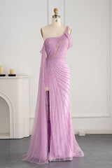 Pink Mermaid Prom Dress Cap Sleeve One Shoulder Formal Dress With Sequins