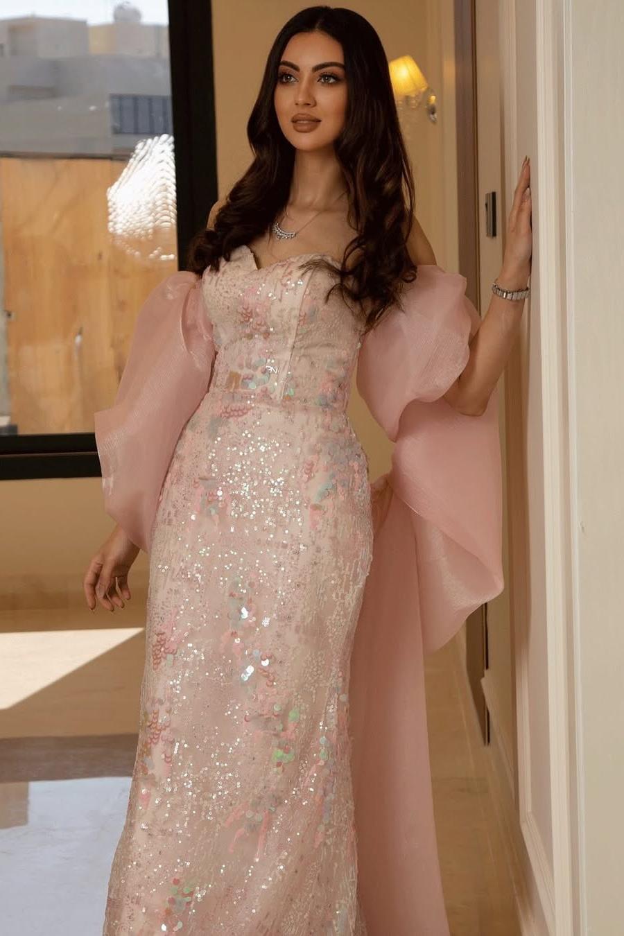 Pink Mermaid Prom Dress Cap Sleeve Sweetheart Sequined Formal Dress