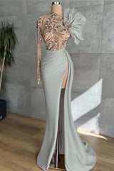 Pink Mermaid Prom Dress Long Sleeve Asymmetric Neck Formal Dress With Beadings and Rhinestones