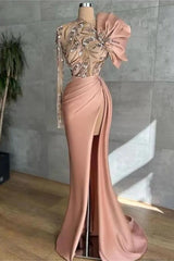 Pink Mermaid Prom Dress Long Sleeve Asymmetric Neck Formal Dress With Beadings and Rhinestones