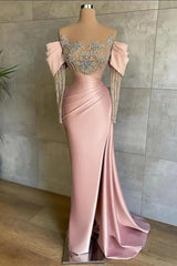 Pink Mermaid Prom Dress Long Sleeve Crew Neck Formal Dress With Beadings and Rhinestones