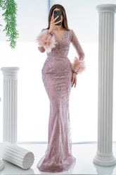 Pink Mermaid Prom Dress Long Sleeve Crew Neck Formal Dress With Lace Appliques