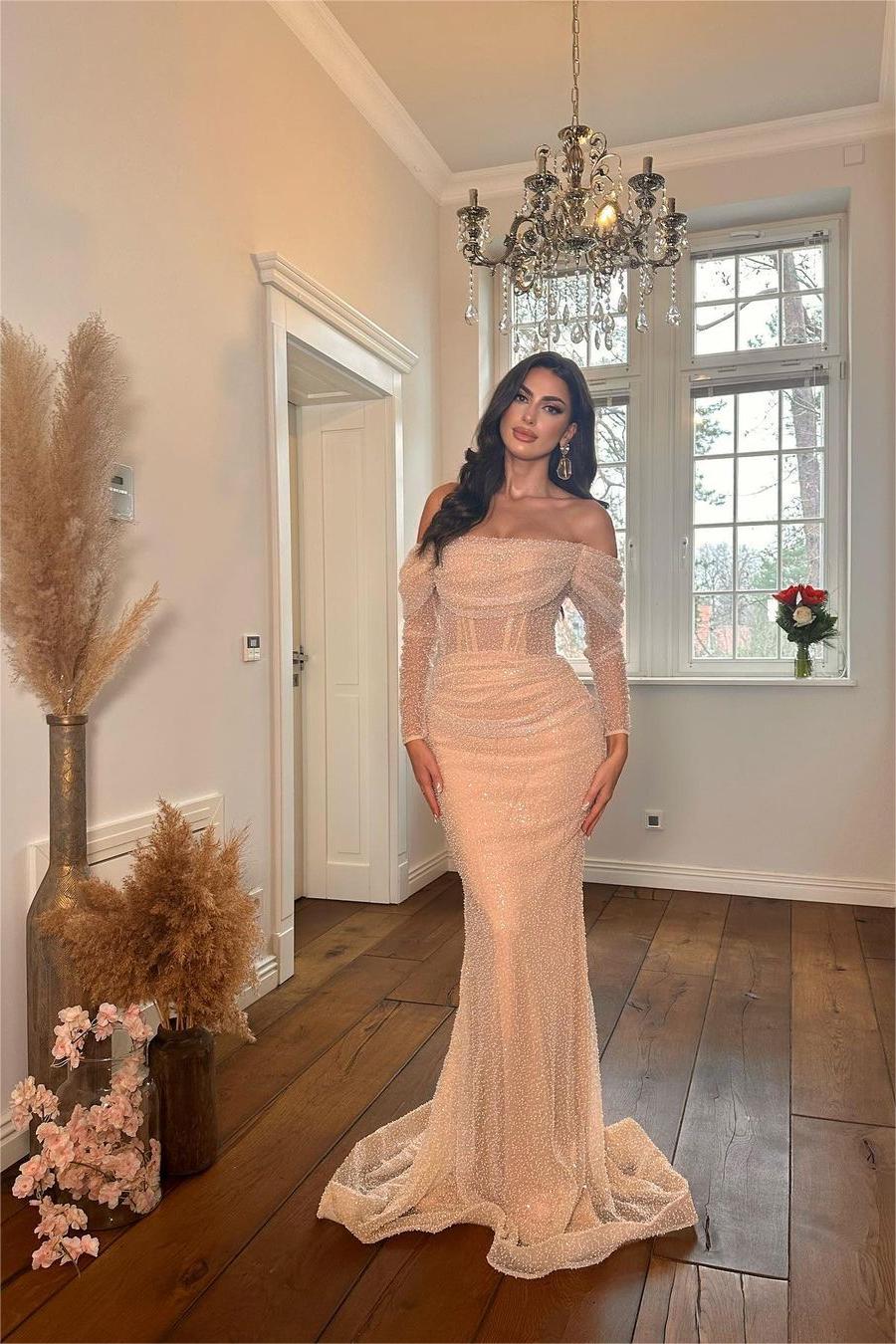 Pink Mermaid Prom Dress Long Sleeve Off the Shoulder Formal Dress With Sequins