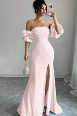 Pink Mermaid Prom Dress Short Sleeve Strapless Formal Dress With Beadings and Rhinestones
