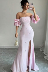 Pink Mermaid Prom Dress Short Sleeve Strapless Formal Dress With Beadings and Rhinestones
