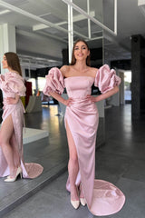Pink Mermaid Prom Dress Short Sleeve Strapless Satin Formal Dress