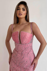 Pink Mermaid Prom Dress Sleeveless Spaghetti Straps Formal Dress With Beadings and Rhinestones