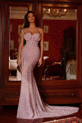 Pink Mermaid Prom Dress Sleeveless Spaghetti Straps Formal Dress With Sequins