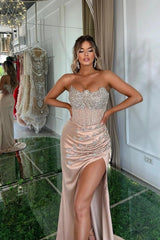 Pink Mermaid Prom Dress Sleeveless Strapless Formal Dress With Beadings and Rhinestones