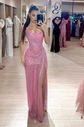 Pink Mermaid Prom Dress Sleeveless Strapless Formal Dress With Sequins