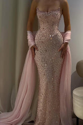 Pink Mermaid Prom Dress Strapless Formal Dress With Beadings and Rhinestones