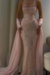 Pink Mermaid Prom Dress Strapless Formal Dress With Beadings and Rhinestones