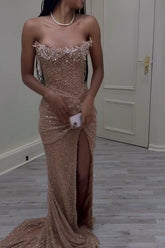 Pink Mermaid Prom Dress Strapless Sequined Sleeveless Formal Dress