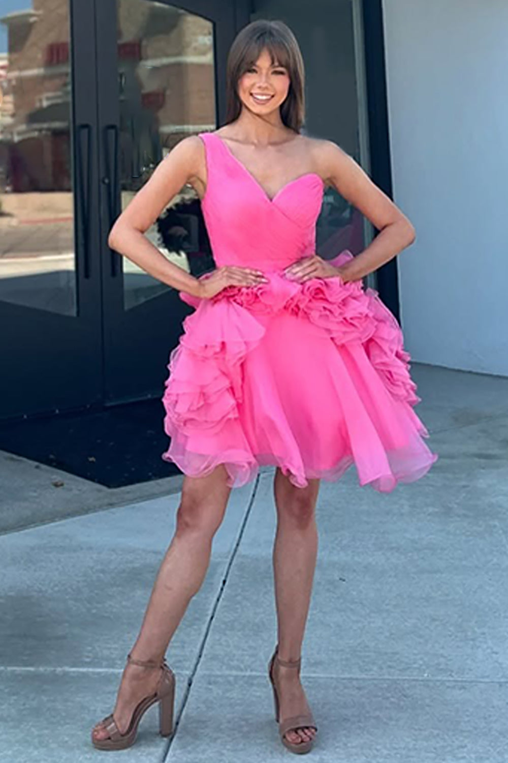 Pink One Shoulder Homecoming Dresses Tulle Short Cocktail Dresses With Ruffles