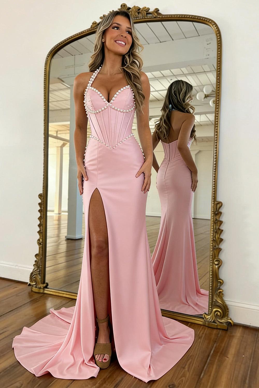 Pink Pearl Trim Mermaid Corset Prom Dress With Halter Neck And High Slit Formal Evening Gown